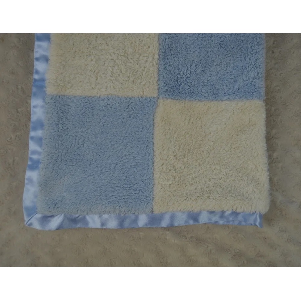 Lullaby Club Patchwork Squares Baby Blanket Blue Cream Off White Silky Satin